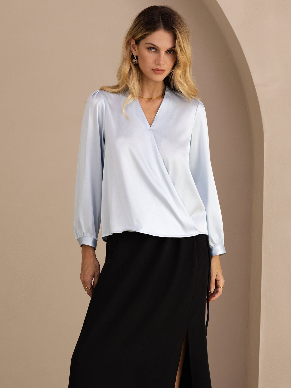 [Azul Claro] SilkSilky-ES Long Sleeve Blusas 001