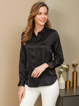 [Negro] SilkSilky-ES Long Sleeve Lapel Collar Blusas de Mujer 001