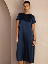 [Azul Oscuro] SilkSilky-ES Short Sleeve Round Neck Vestido 005