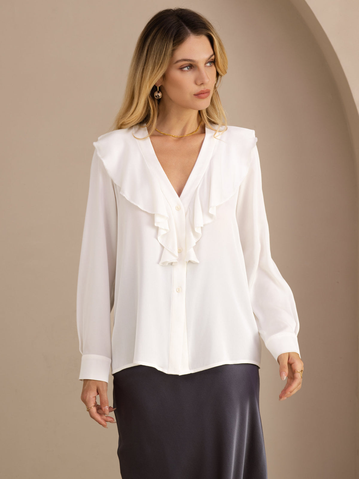 [Blanco] SilkSilky-ES Long Sleeve Deep V Neck Blusas 001