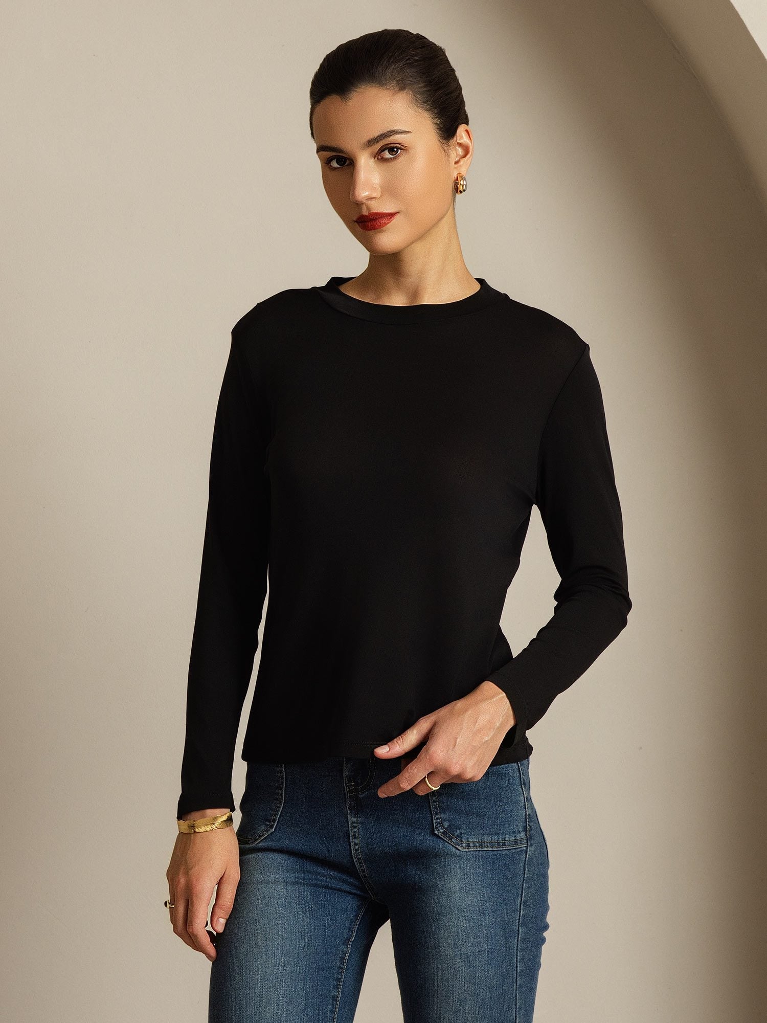 [Negro] SilkSilky-ES Seda Pura Womens T-Shirt 001