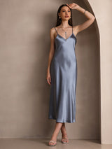 [Azul Grisáceo] SilkSilky-ES Spaghetti Strap V Neck Vestido 005