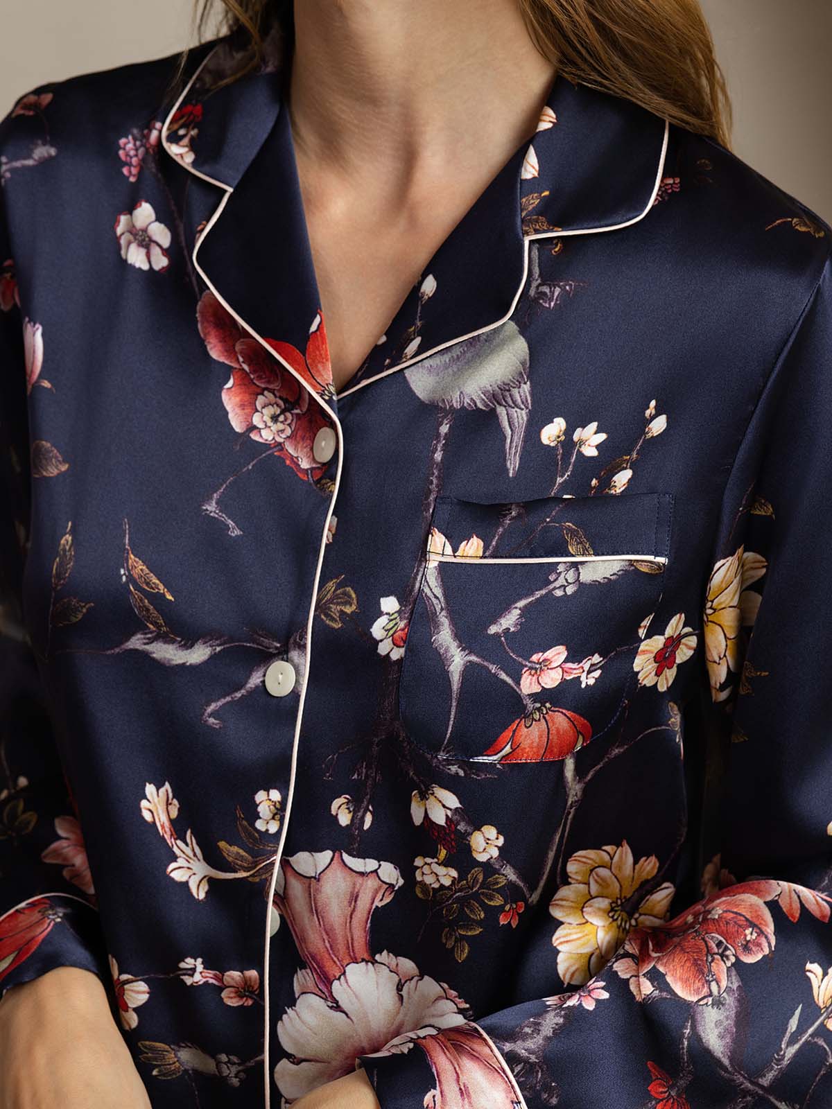 [Floral Azul Marino] SilkSilky-ES Seda Pura Womens Pajamas 005