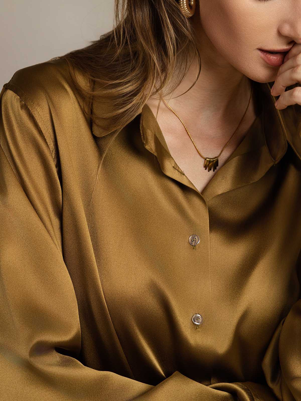 [Bronce] SilkSilky-ES Seda Lapel Collar Blusas de Mujer 005