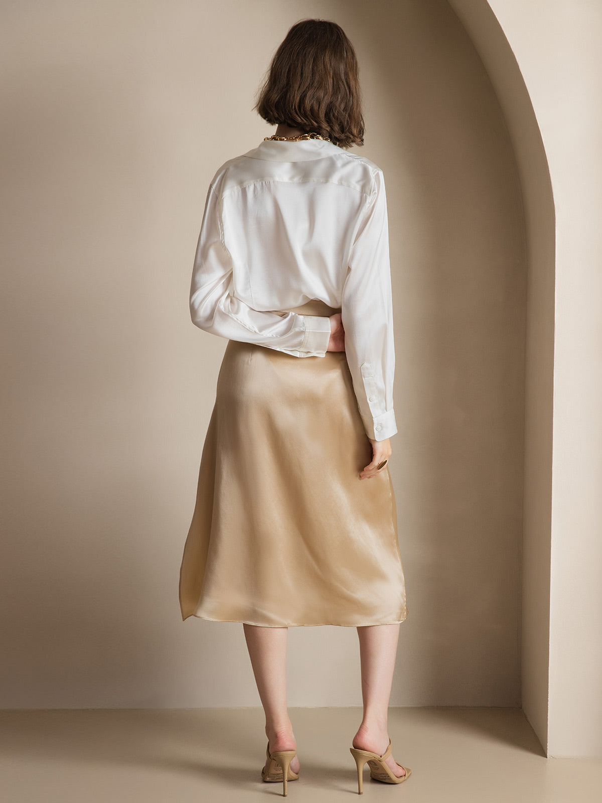 [Blanco] SilkSilky-ES Seda Manga larga Cuello Camisero Blusas de Mujer 002