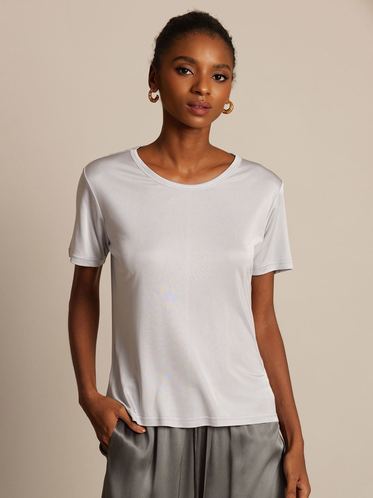 [Plata] SilkSilky-ES Manga corta Cuello Redondo Camisetas de Mujer 005