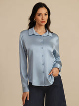 [Azul Grisáceo] SilkSilky-ES Long Sleeve Lapel Collar Blusas de Mujer 001