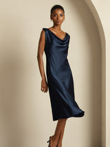 [Azul Oscuro] SilkSilky-ES Sleeveless Cowl Neck Vestido 007