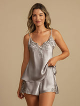 [Gris Claro] SilkSilky-ES Spaghetti Strap V Neck Conjunto de tirantes 001