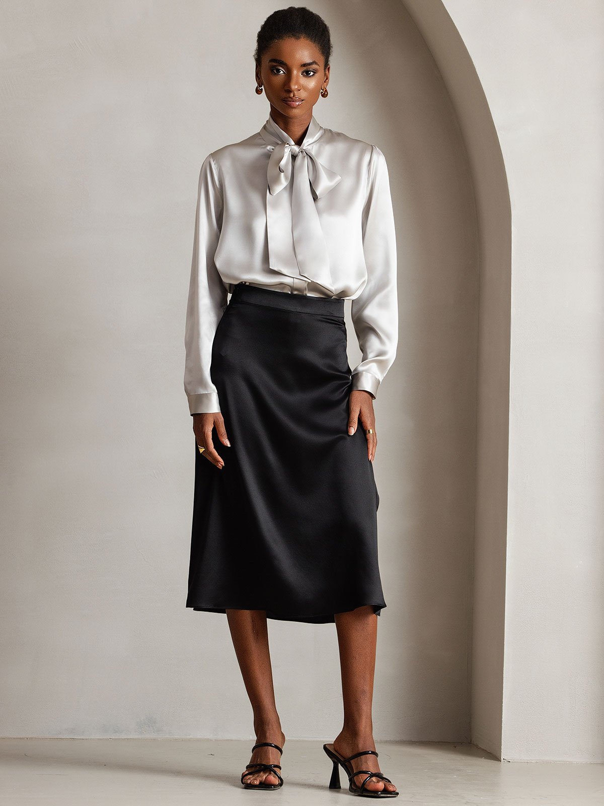 [Gris Claro] SilkSilky-ES 19Momme Seda Manga larga Blouse 003