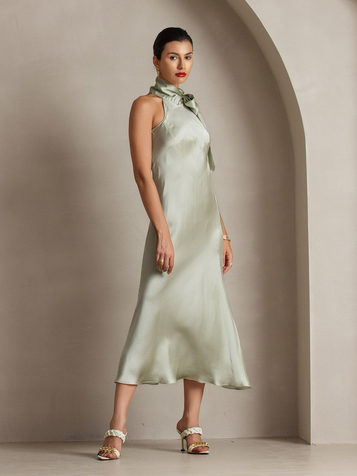 [Verde Claro] SilkSilky-ES 19Momme Seda Sin mangas Corbata Vestido 003