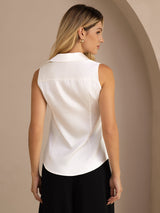 [Blanco] SilkSilky-ES Sleeveless Lapel Collar Blusas de Mujer 002