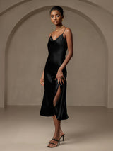 [Negro] SilkSilky-ES Spalline Sottili Cuello Drapeado Vestido 003