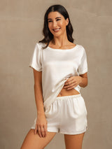 [Blanco] SilkSilky-ES 19Momme Manga corta Cuello Redondo Pijamas de mujer 003