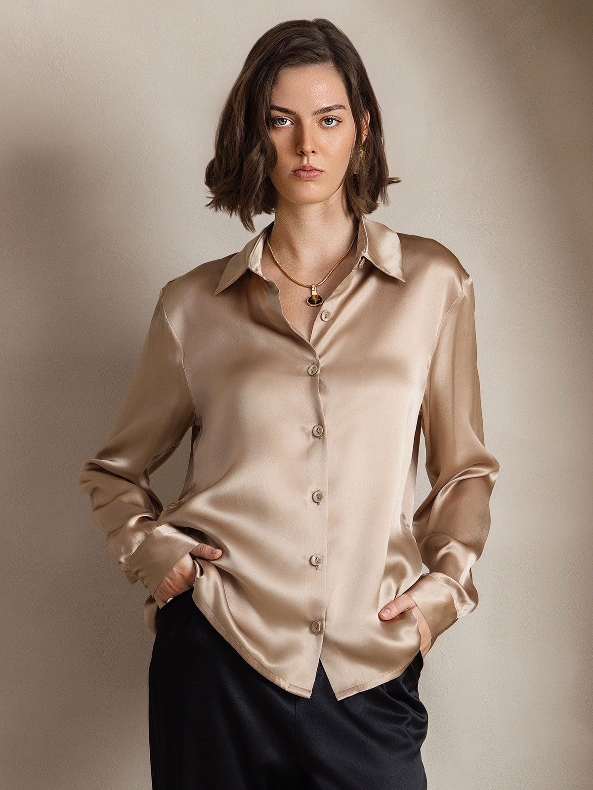 [Champán] SilkSilky-ES Seda Lapel Collar Blusas de Mujer 001