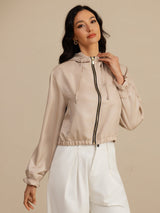 [MarrónClaro] SilkSilky-ES 18Momme Manga larga Cuello Alto Chaqueta de mujer 003