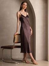 [Café] SilkSilky-ES Spaghetti Strap V Neck Vestido 007