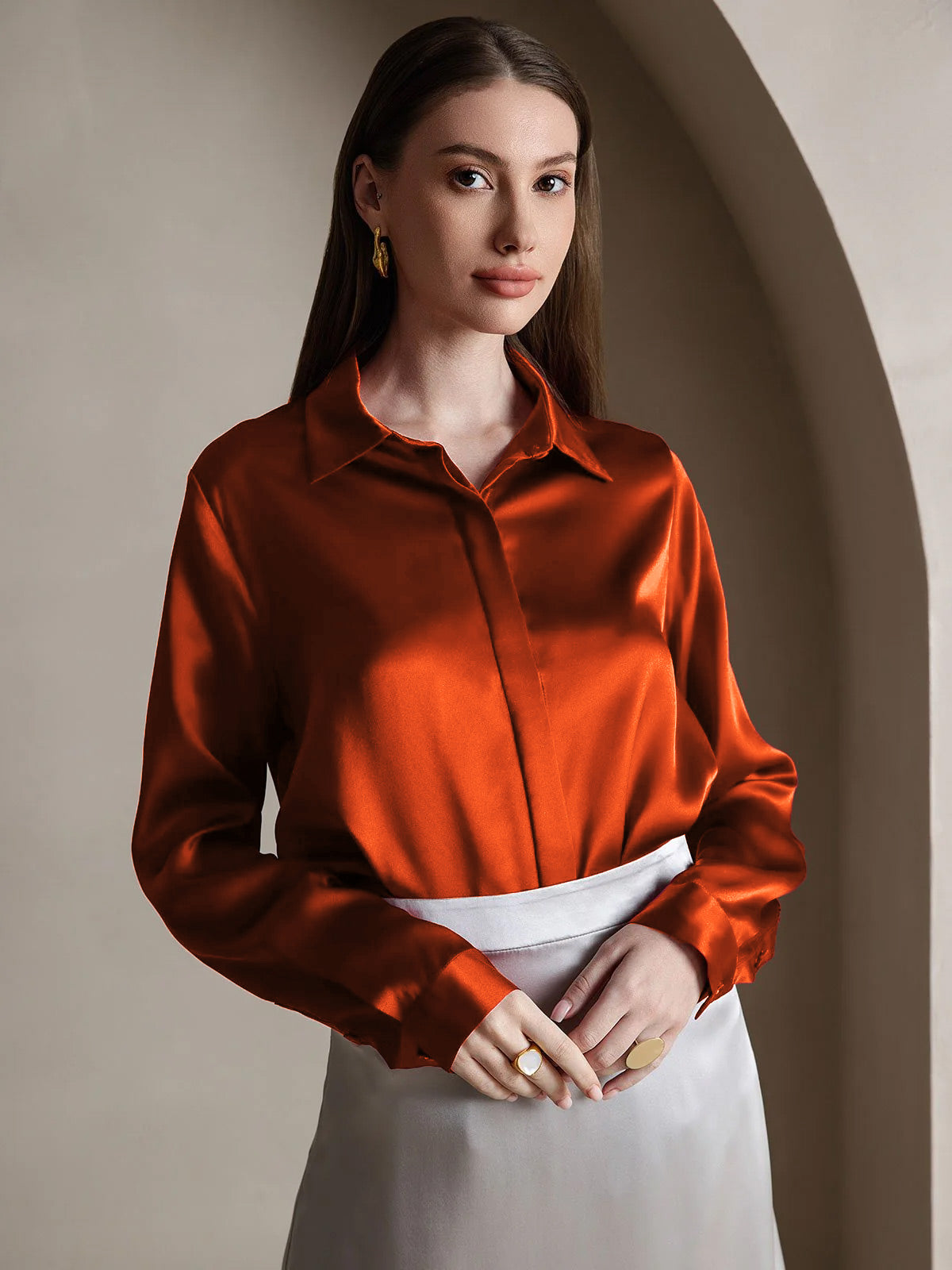 [Caramelo] SilkSilky-ES 19Momme Seda Lapel Collar Blusas de Mujer 001