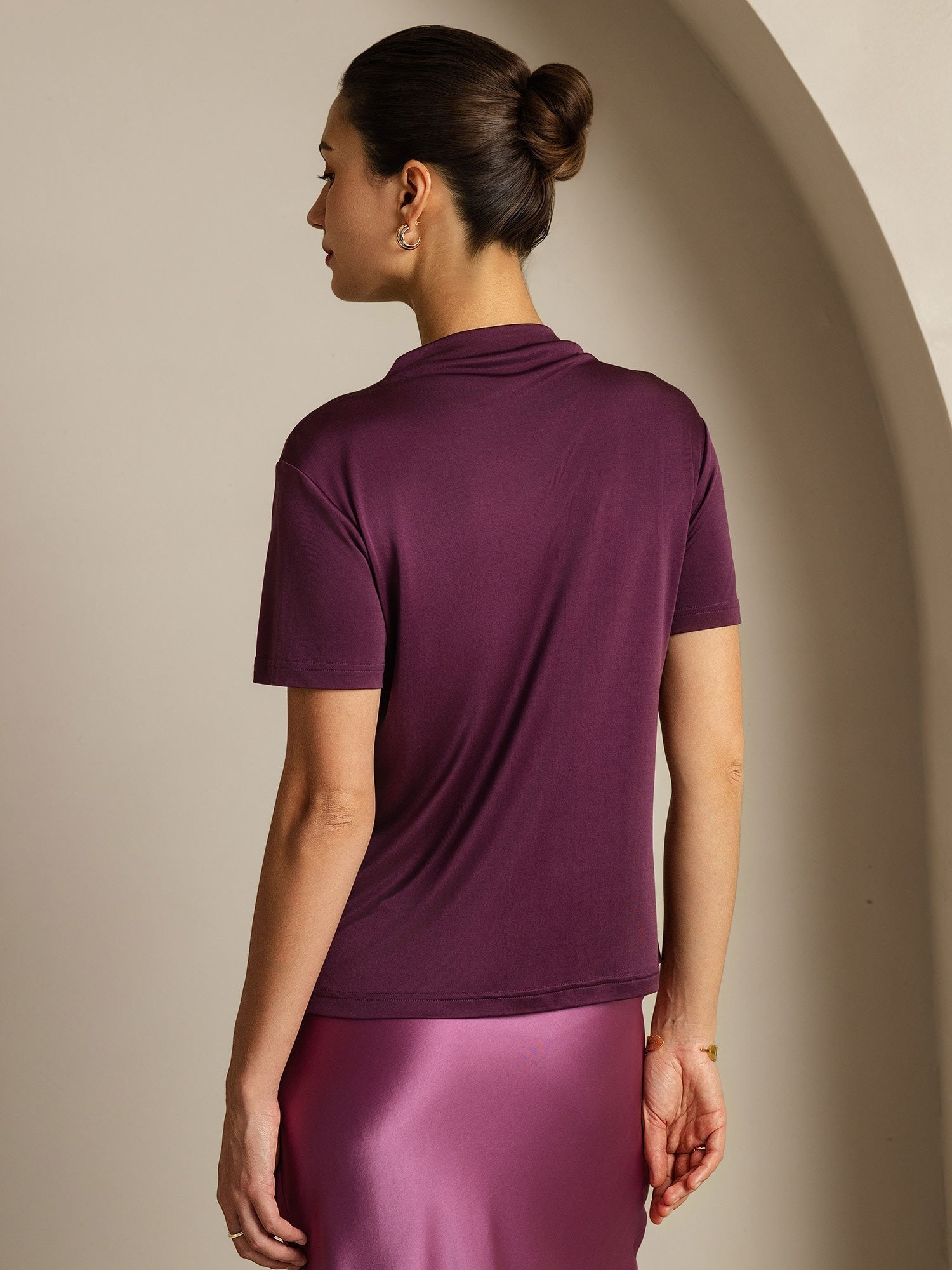 [Púrpura] SilkSilky-ES Seda Pura Cuello Camisero Camisetas de Mujer 002