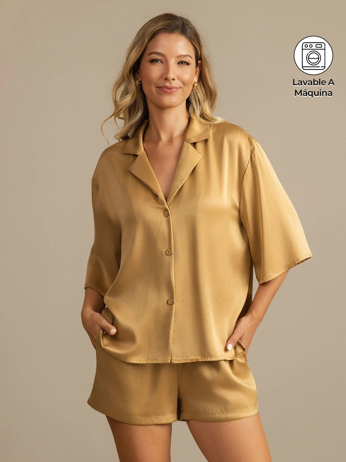 [Marrón Claro] SilkSilky-ES 19Momme Seda Pura Cuello Camisero Pijamas de mujer 001