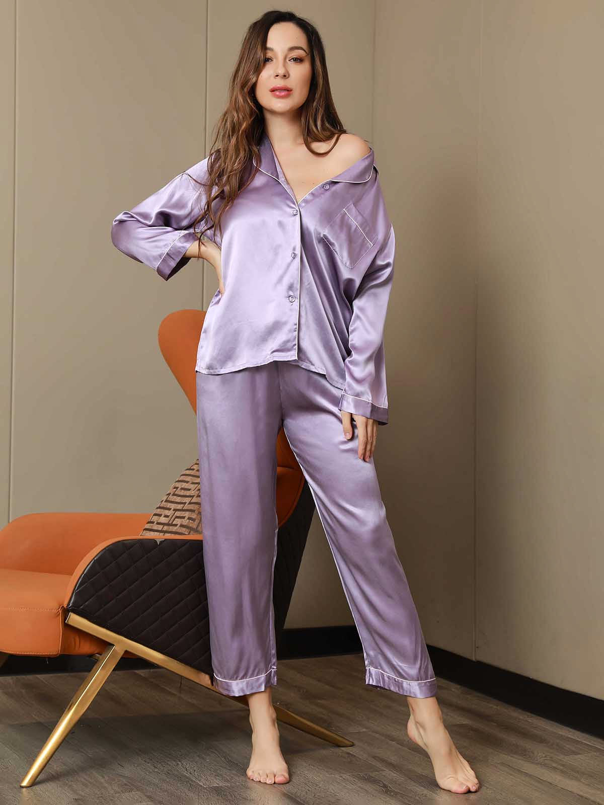[Lavender] SilkSilky-AU Pure Silk Notch Collar Women's Pyjamas 005,