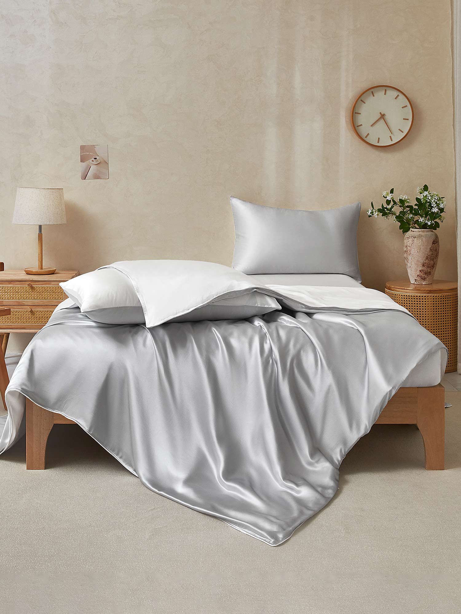 [GrisClaro+Blanco] SilkSilky-ES 19Momme Seda Pura Bedding Set 002,