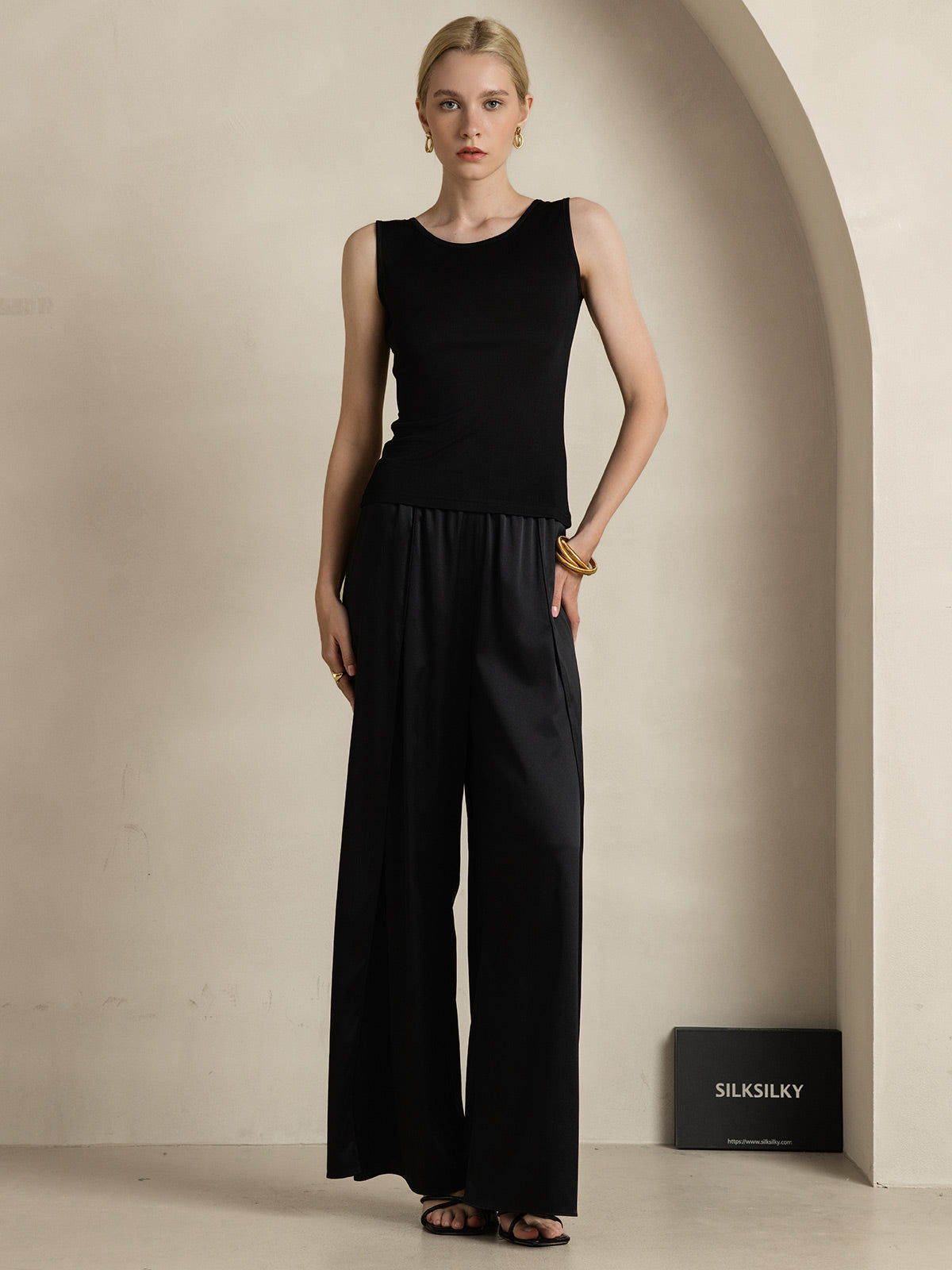 [Negro] SilkSilky-ES Tejido de seda Womens T-Shirt 008