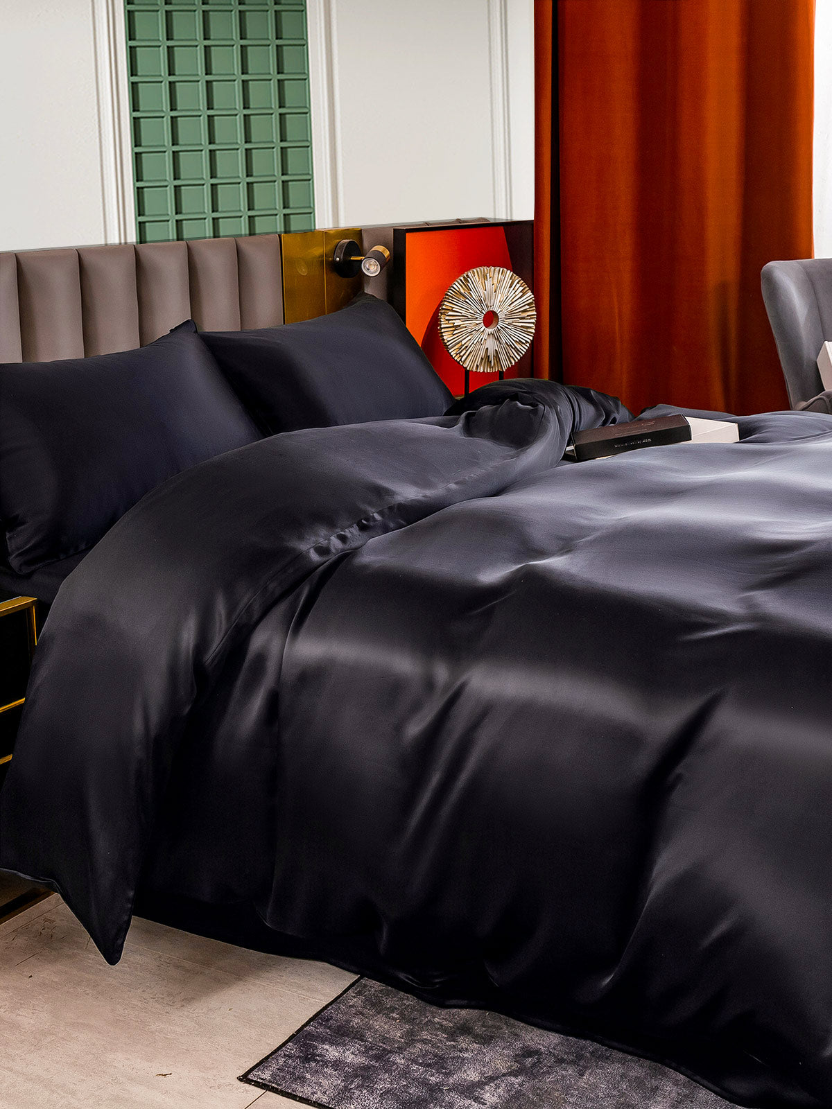 [Negro] SilkSilky-ES 25Momme Seda Pura Bedding Set 003