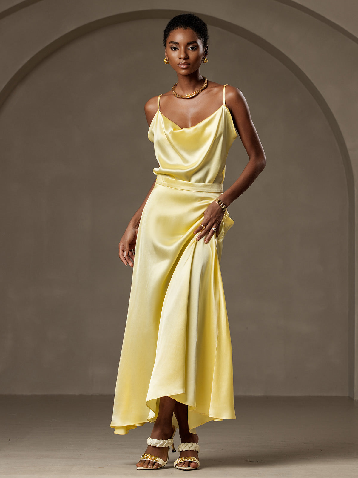 [Amarillo Claro] SilkSilky-ES 19Momme Seda Skirt 005