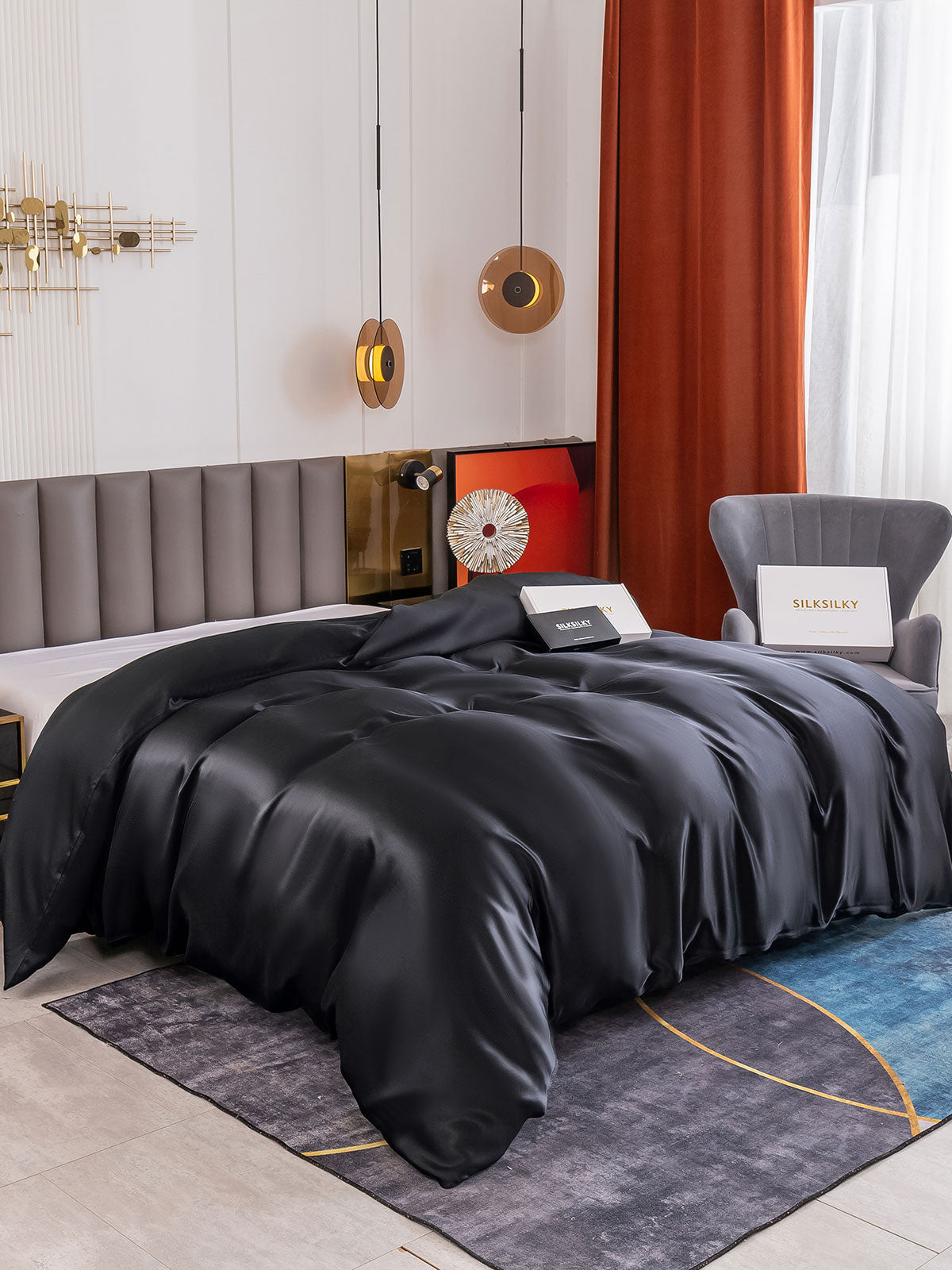 SilkSilky ES 19Momme Seda Pura Duvet Cover Negro 001