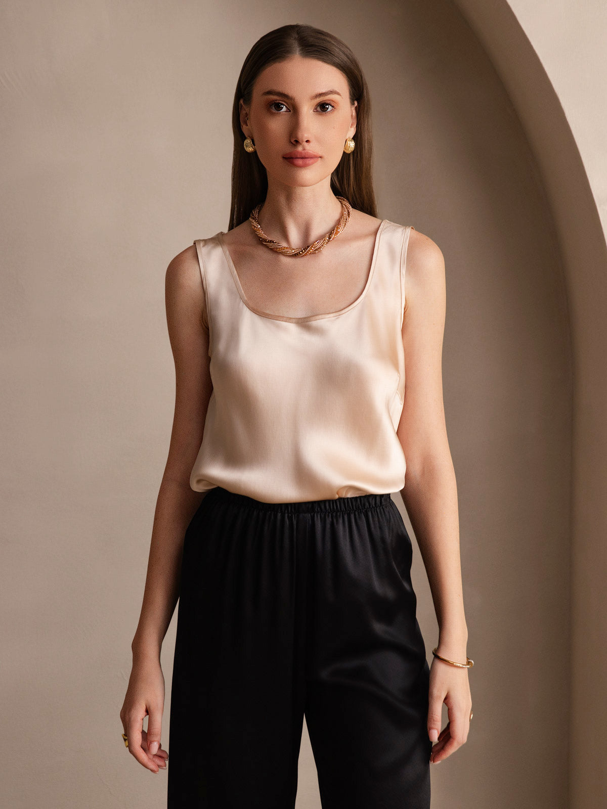 [Champán] SilkSilky-ES 19Momme Seda Cuello en U Top de tirantes 006