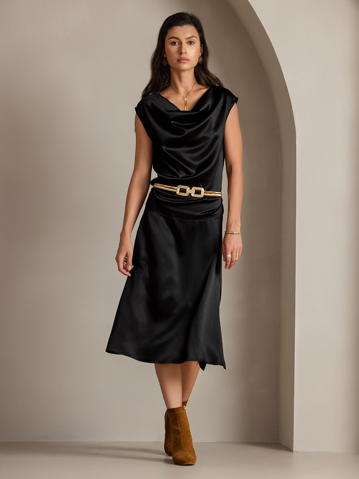 [Negro] SilkSilky-ES 19Momme Seda Skirt 006