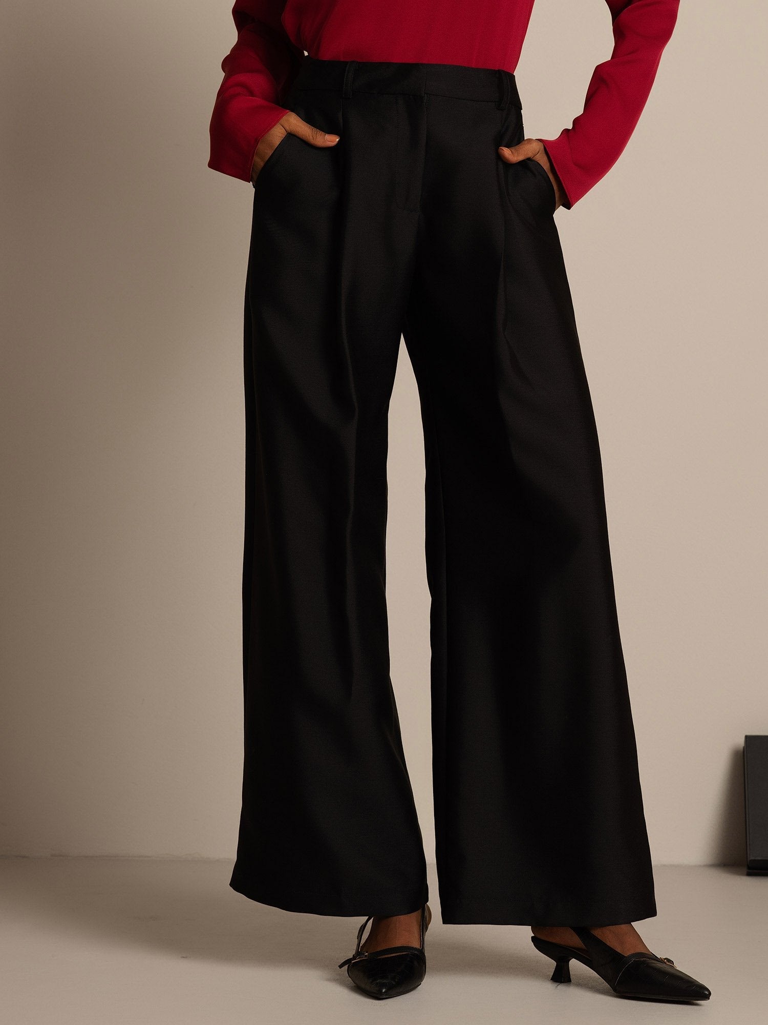 [Negro] SilkSilky-ES 32Momme Silk-Wool Blend Womens Pants 003,