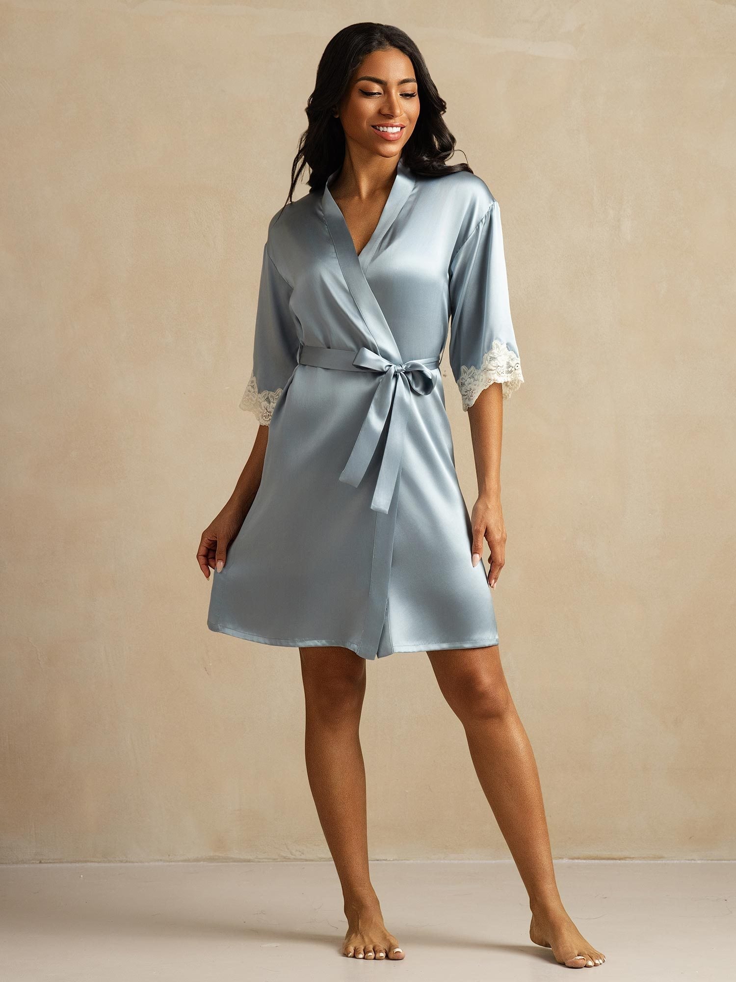 [Azul Grisáceo] SilkSilky-ES Seda Pura Womens Robe 006