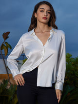 [Blanco] SilkSilky-ES 19Momme Manga larga Cuello con Solapa Blusas de Mujer 001