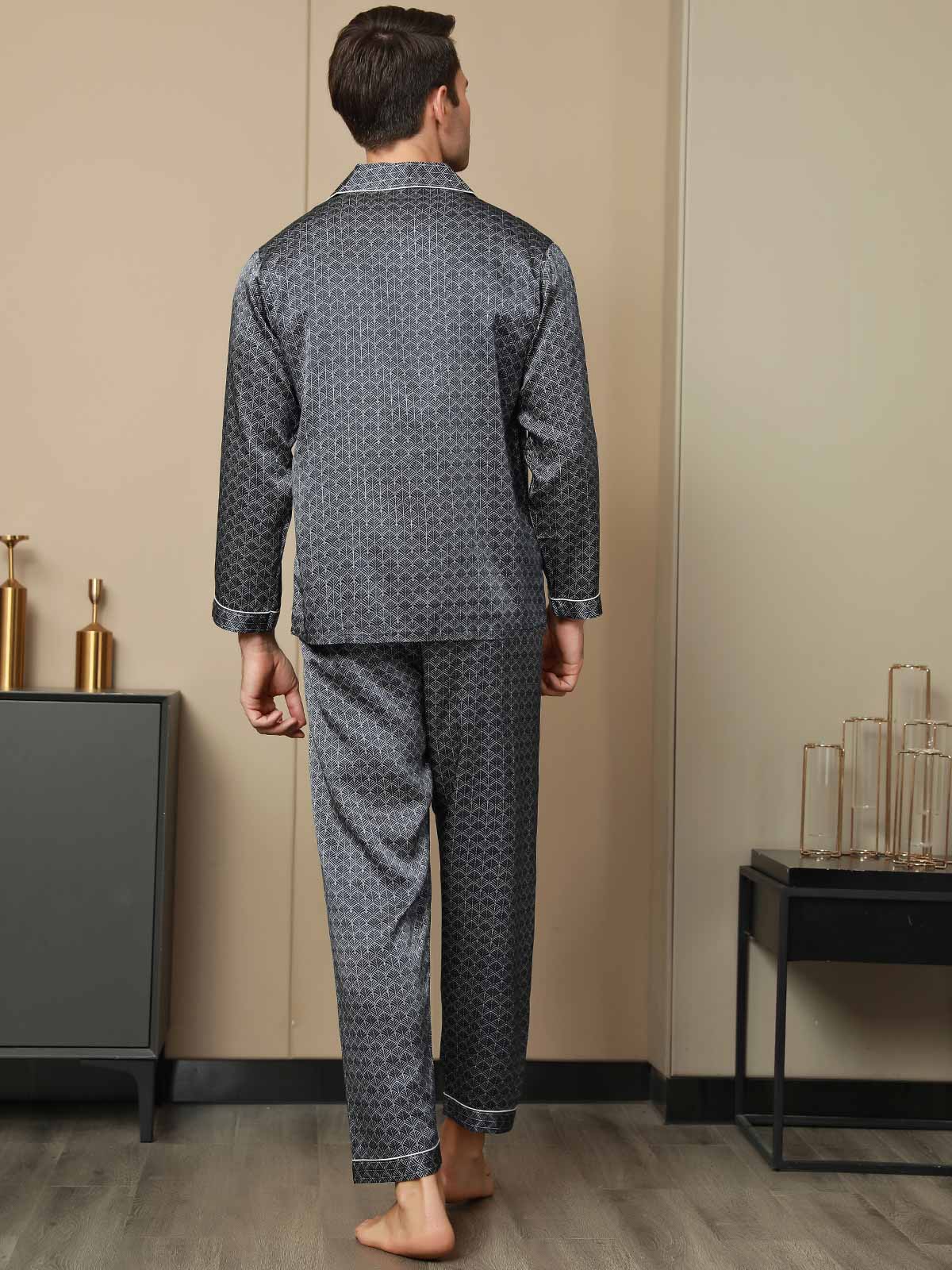 [Ginkgo Azul Marino] SilkSilky-ES 19Momme Seda Pura Mens Pajamas 002