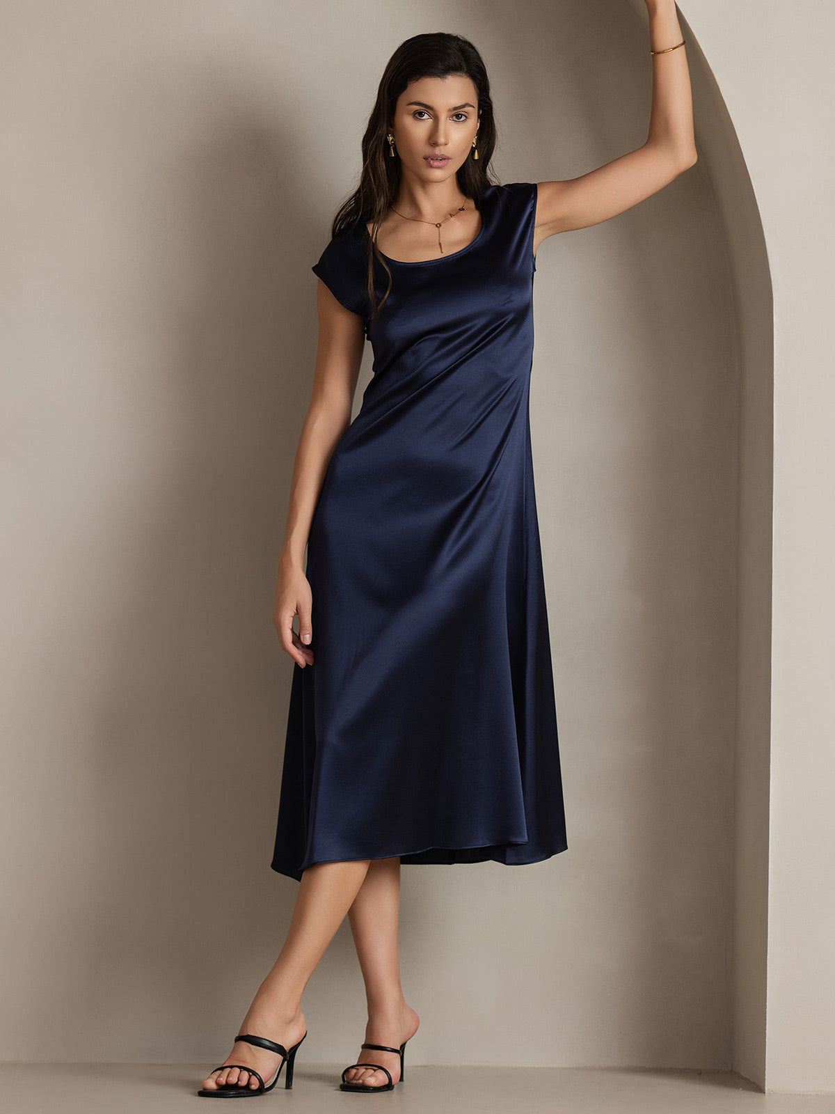 [Azul Oscuro] SilkSilky-ES 19Momme Seda Dress 003