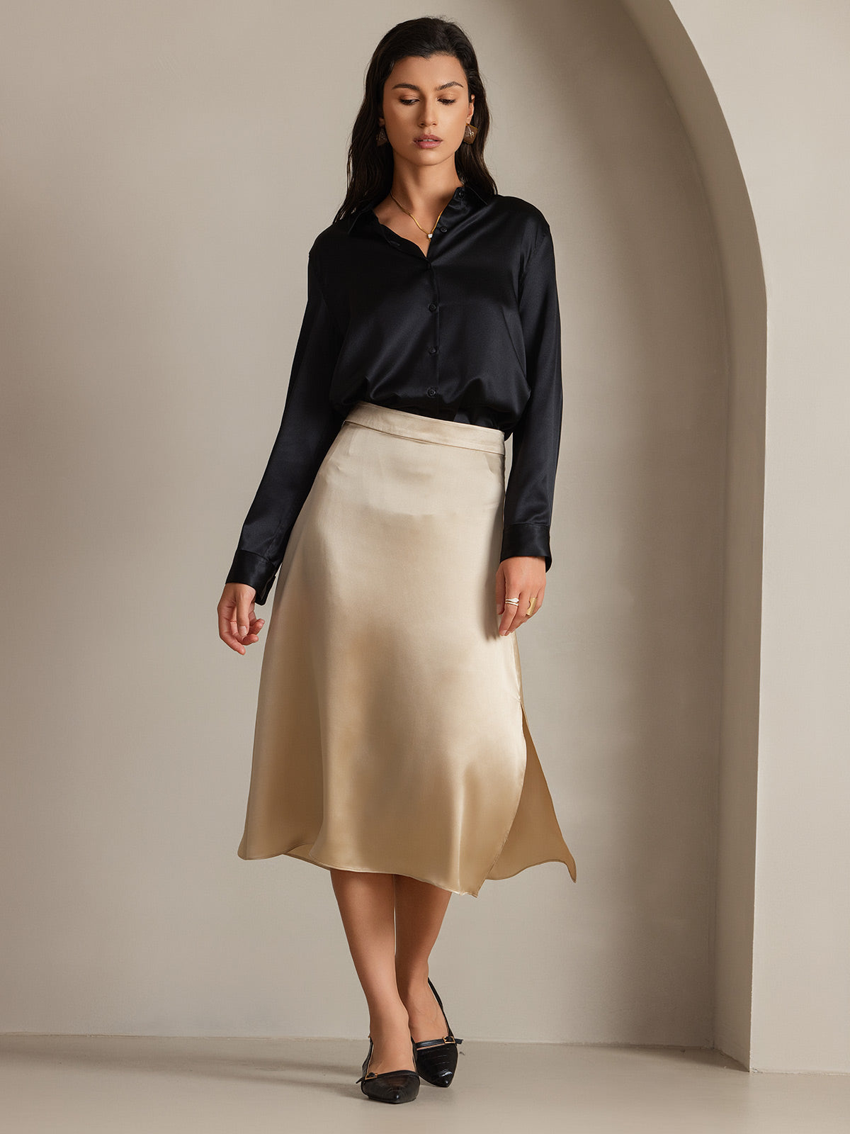 [Negro] SilkSilky-ES Seda Manga larga Cuello Camisero Blusas de Mujer 003