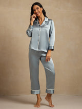 [Azul Grisáceo] SilkSilky-ES Long Sleeve Lapel Collar Pijamas de mujer 006
