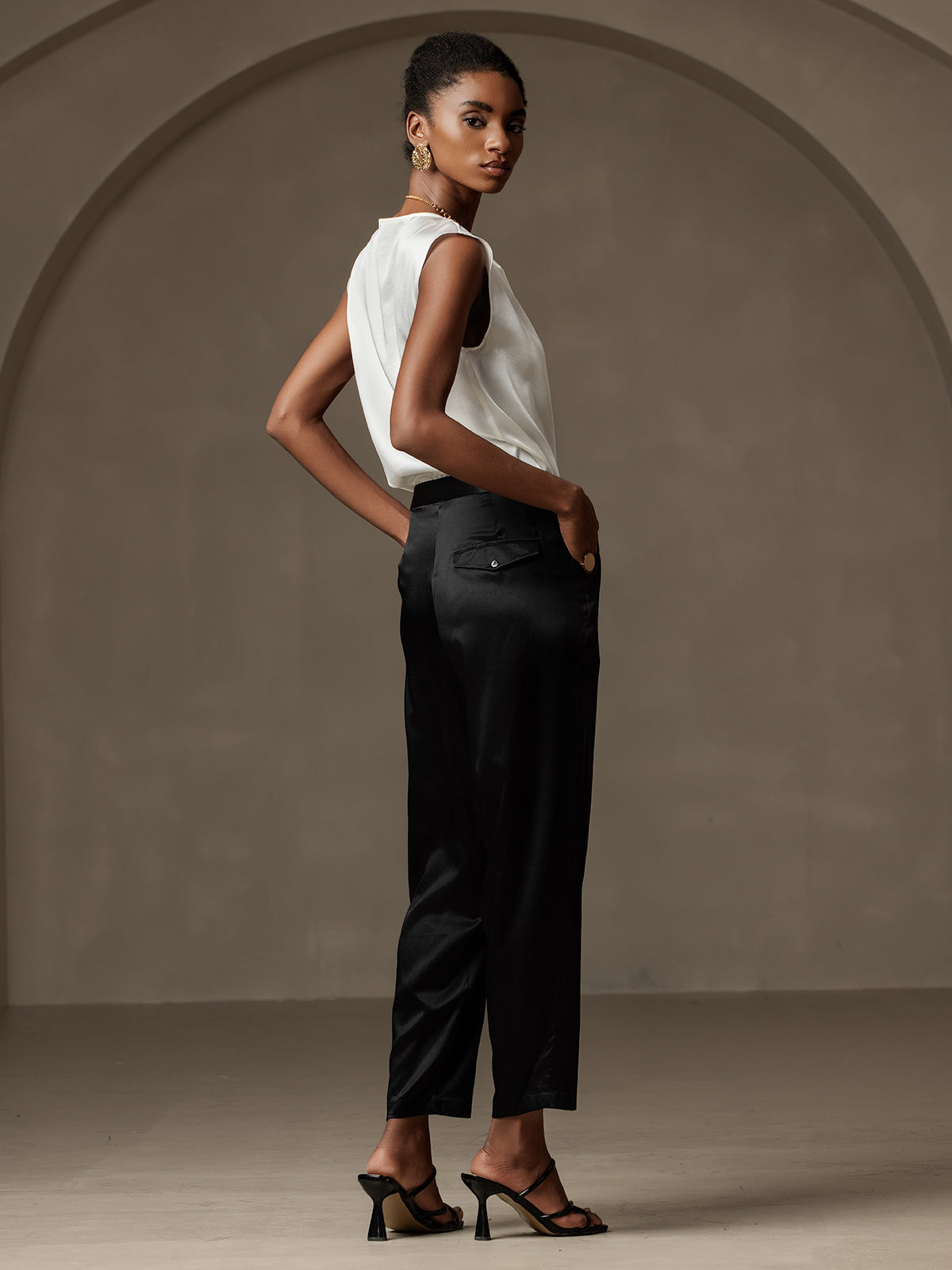 [Negro] SilkSilky-ES 19Momme Seda Womens Pants 002