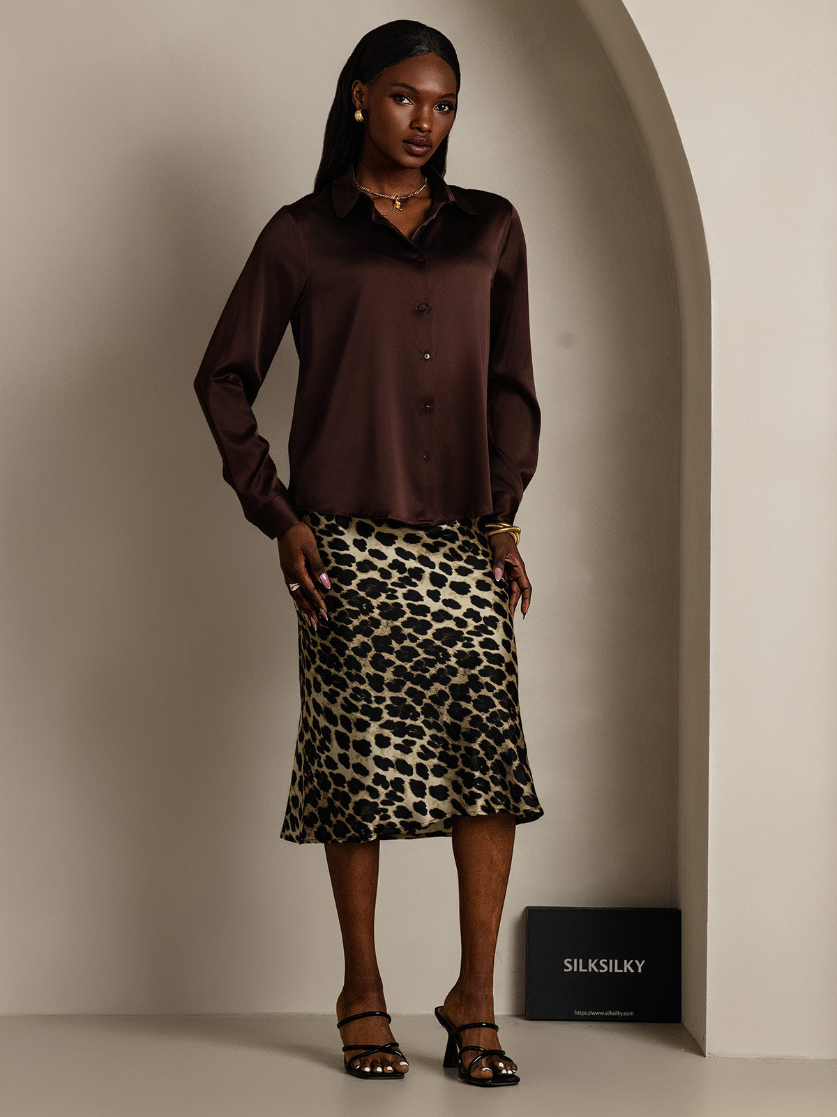 [Chocolate Negro] SilkSilky-ES Seda Manga larga Cuello Camisero Blusas de Mujer 007