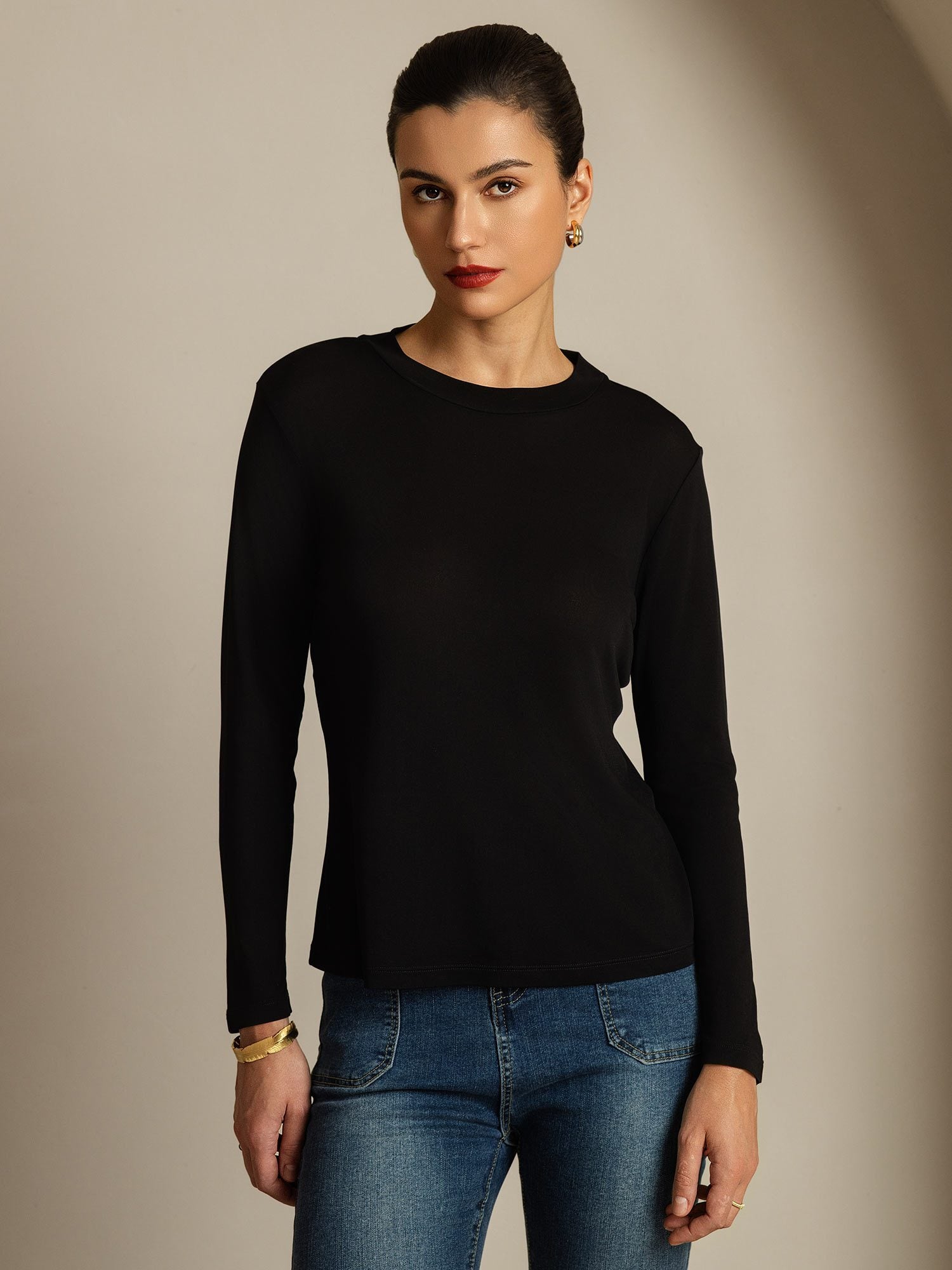 [Negro] SilkSilky-ES Seda Pura Womens T-Shirt 001