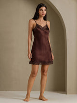 [Marrón] SilkSilky-ES Spaghetti Strap V Neck Camisón 007