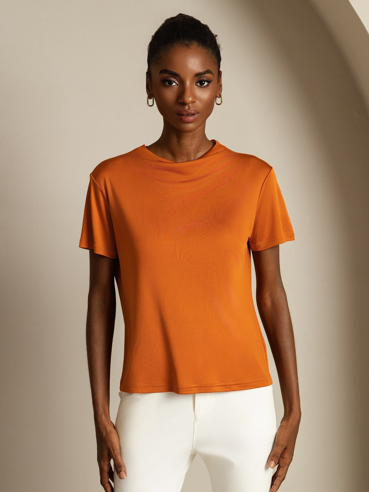 [Naranja] SilkSilky-ES Seda Pura Cuello Camisero Camisetas de Mujer 003