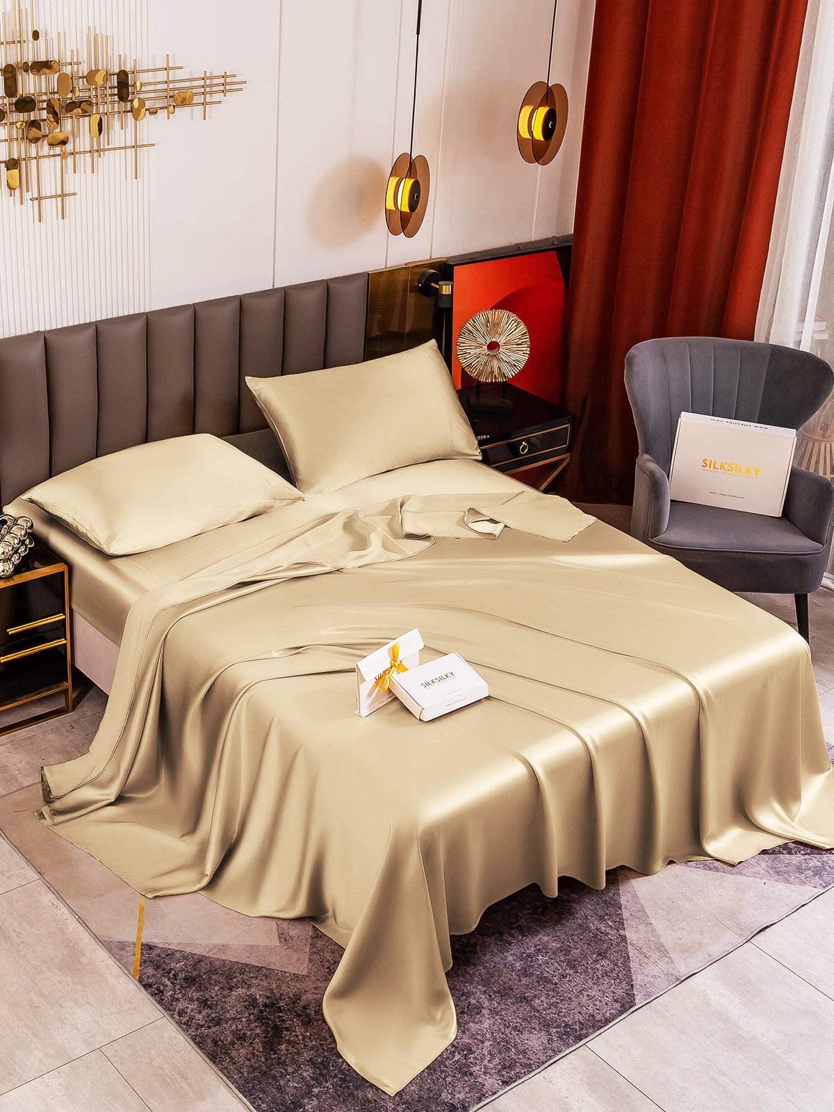 [Beige] SilkSilky-ES 19Momme Seda Pura Bedding Set 001