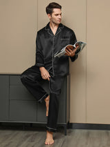 [Negro] SilkSilky-ES Long Sleeve Lapel Collar Pijamas de hombre 001
