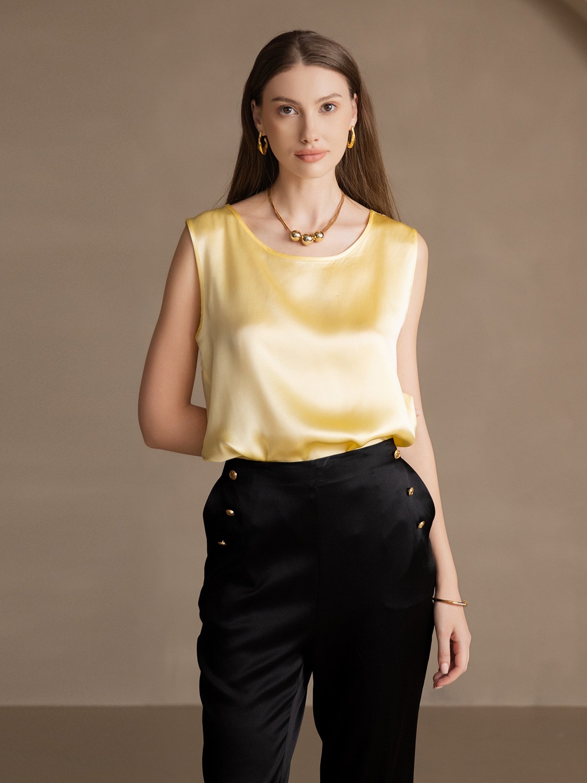 [Amarillo Claro] SilkSilky-ES 19Momme Seda Camisoles 004