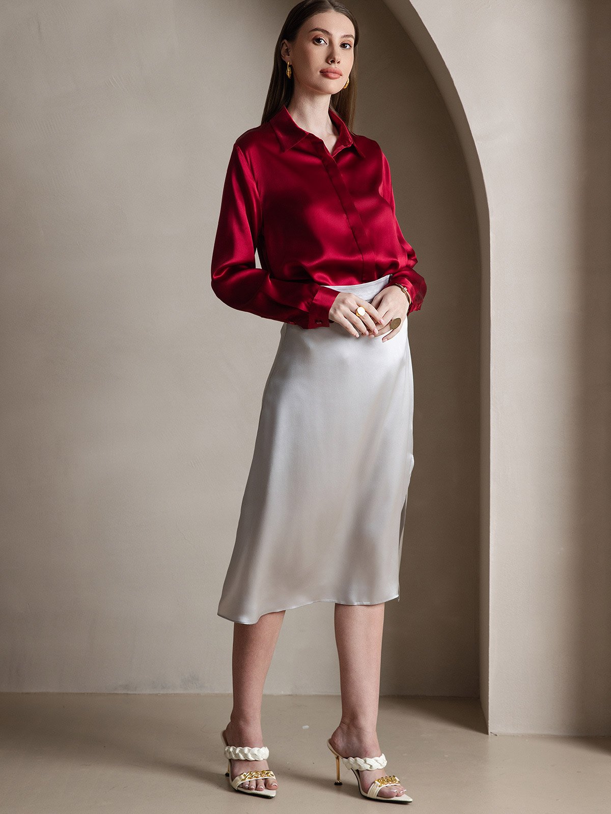 [Vino] SilkSilky-ES 19Momme Seda Manga larga Cuello Camisero Blusas de Mujer 006