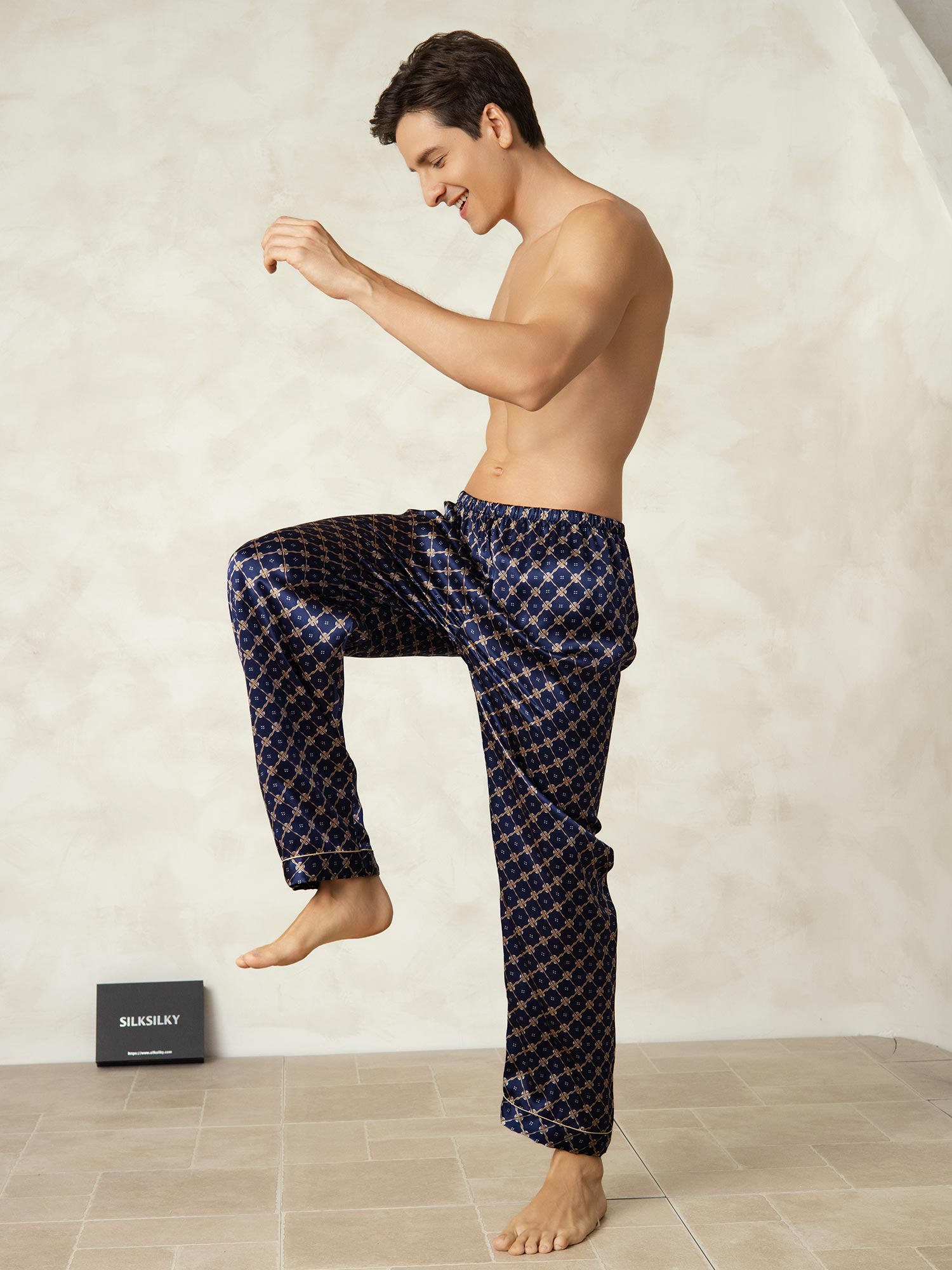 [Cadena Azul Marino] SilkSilky-ES Seda Pura Mens Sleep Bottoms 005