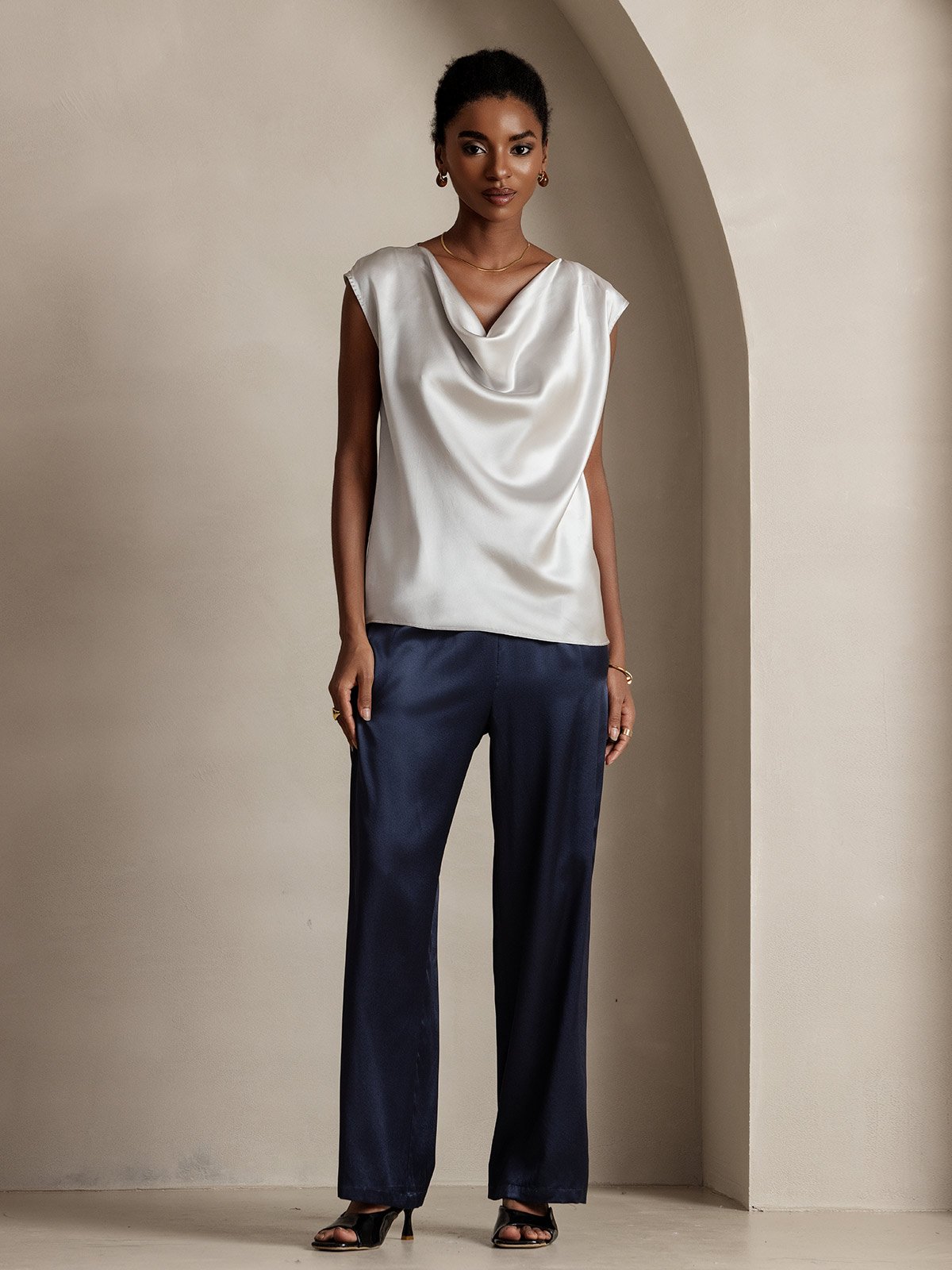 [Gris Claro] SilkSilky-ES 19Momme Seda Escote Caído Camisetas de Mujer 005